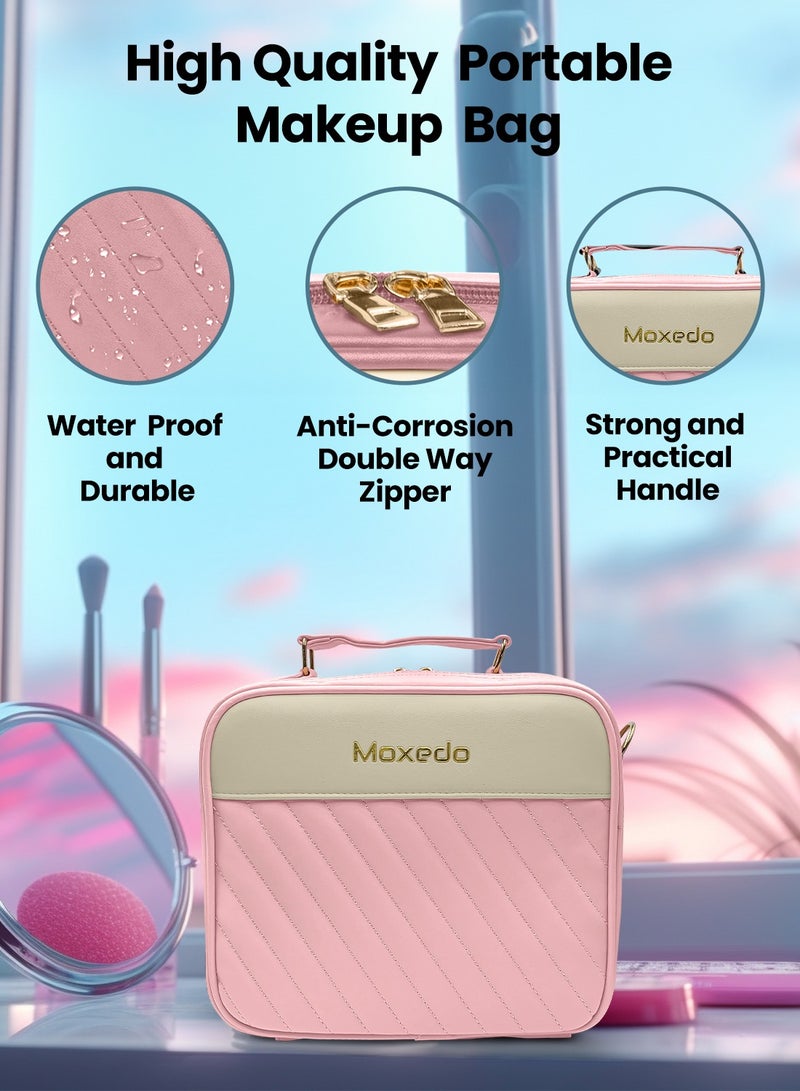 Moxedo حقيبة مكياج محمولة 2 في 1 من موكسييدو مع مرآة مضاءة LED مدمجة 3 درجات سطوع منظم مكياج مع فاصل قابل للتعديل لحفظ مستحضرات التجميل (وردي) - Image 3