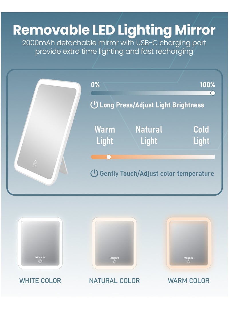 Moxedo حقيبة مكياج محمولة 2 في 1 من موكسييدو مع مرآة مضاءة LED مدمجة 3 درجات سطوع منظم مكياج مع فاصل قابل للتعديل لحفظ مستحضرات التجميل (وردي) - Image 5