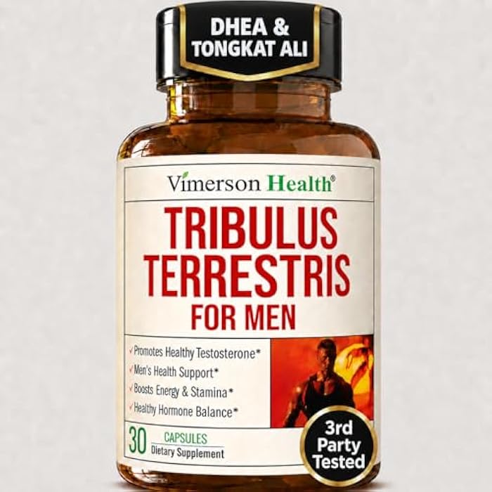 Vimerson Health مكمل التستوستيرون وتريبيولوس تيريستريس للرجال مع DHEA 100mg، والمغنيسيوم، والزنك، وتونغكات علي وروديا روزيا – باني العضلات، ودعم الرغبة الجنسية وفيتامين B6 للرجال – كبسولة واحدة يومياً، 30 عدد - Image 1
