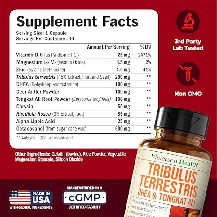Vimerson Health مكمل التستوستيرون وتريبيولوس تيريستريس للرجال مع DHEA 100mg، والمغنيسيوم، والزنك، وتونغكات علي وروديا روزيا – باني العضلات، ودعم الرغبة الجنسية وفيتامين B6 للرجال – كبسولة واحدة يومياً، 30 عدد - Image 3