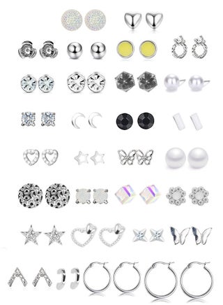 30 Pairs Assorted Multiple Tiny Stud Earrings Set for Women Stainless Steel Flower Moon Heart Geometric CZ Ball Faux Pearl Big Hoop Earrings Cartilage Helix Ear Piercing Silver Tone