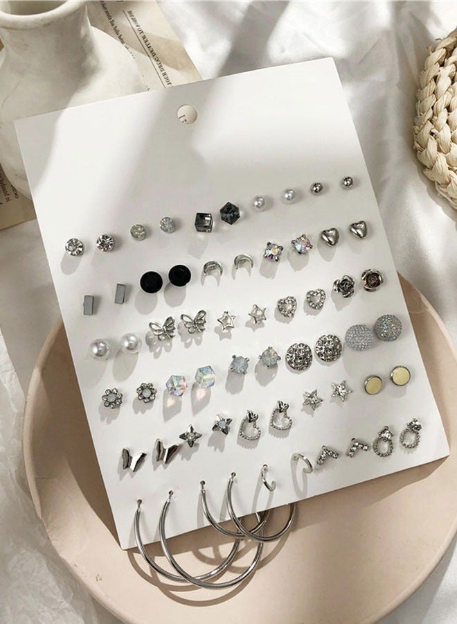 HAWAWA 30 Pairs Assorted Multiple Tiny Stud Earrings Set for Women Stainless Steel Flower Moon Heart Geometric CZ Ball Faux Pearl Big Hoop Earrings Cartilage Helix Ear Piercing Silver Tone - Image 2