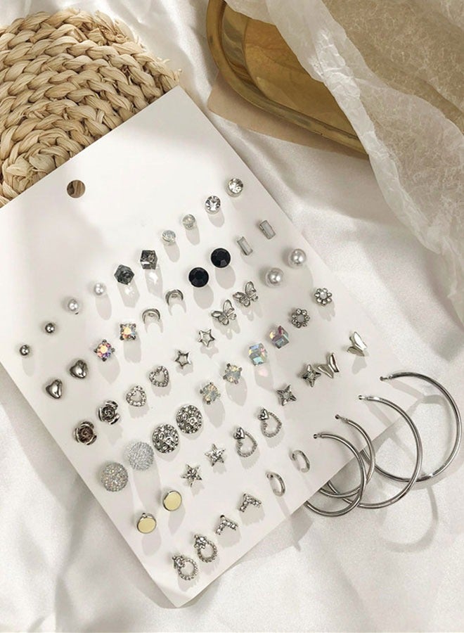 HAWAWA 30 Pairs Assorted Multiple Tiny Stud Earrings Set for Women Stainless Steel Flower Moon Heart Geometric CZ Ball Faux Pearl Big Hoop Earrings Cartilage Helix Ear Piercing Silver Tone - Image 3