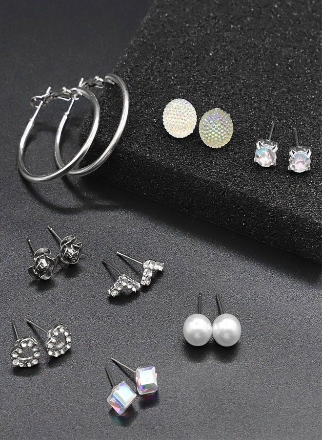 HAWAWA 30 Pairs Assorted Multiple Tiny Stud Earrings Set for Women Stainless Steel Flower Moon Heart Geometric CZ Ball Faux Pearl Big Hoop Earrings Cartilage Helix Ear Piercing Silver Tone - Image 4