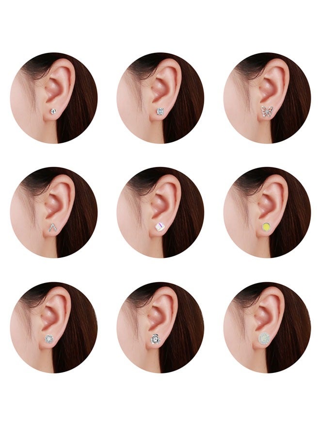 HAWAWA 30 Pairs Assorted Multiple Tiny Stud Earrings Set for Women Stainless Steel Flower Moon Heart Geometric CZ Ball Faux Pearl Big Hoop Earrings Cartilage Helix Ear Piercing Silver Tone - Image 5