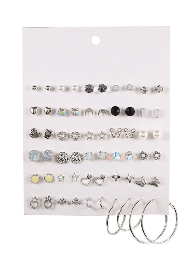 30 Pairs Assorted Multiple Tiny Stud Earrings Set for Women Stainless Steel Flower Moon Heart Geometric CZ Ball Faux Pearl Big Hoop Earrings Cartilage Helix Ear Piercing Silver Tone