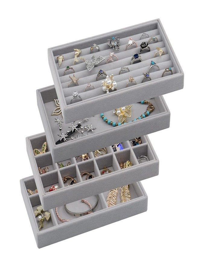 Dhanuom Earring Organizer Holder Stackable Jewelry Display Trays, Velvet Jewelry Drawer Inserts Trays, Box Ring Holder Necklace Case, Storage for Bracelet Brooch Watch, Set of 4,Gray - Image 1
