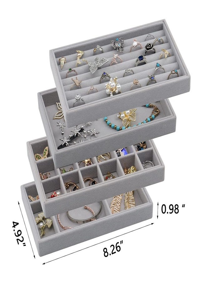 Dhanuom Earring Organizer Holder Stackable Jewelry Display Trays, Velvet Jewelry Drawer Inserts Trays, Box Ring Holder Necklace Case, Storage for Bracelet Brooch Watch, Set of 4,Gray - Image 3