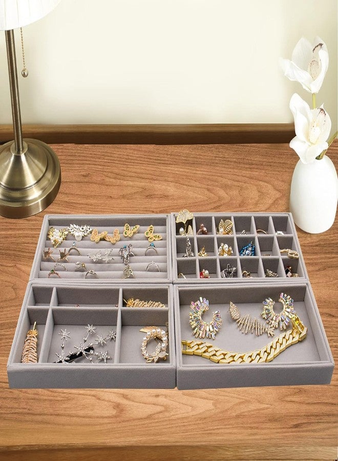 Dhanuom Earring Organizer Holder Stackable Jewelry Display Trays, Velvet Jewelry Drawer Inserts Trays, Box Ring Holder Necklace Case, Storage for Bracelet Brooch Watch, Set of 4,Gray - Image 4