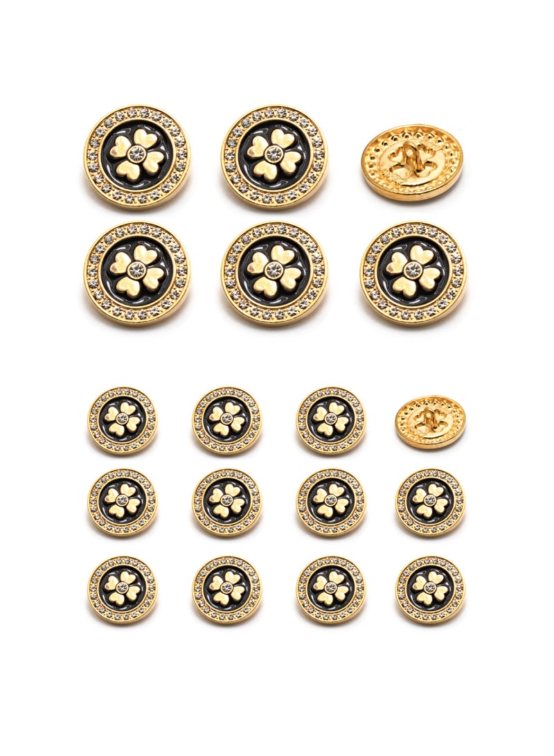 18PCS Clothes Buttons - Fashion Flower Design with stone Round Shaped Metal Button Set for Women Uniform (Gold + Black , 23mm - 6pcs, 18mm - 12pcs)  - Image 1