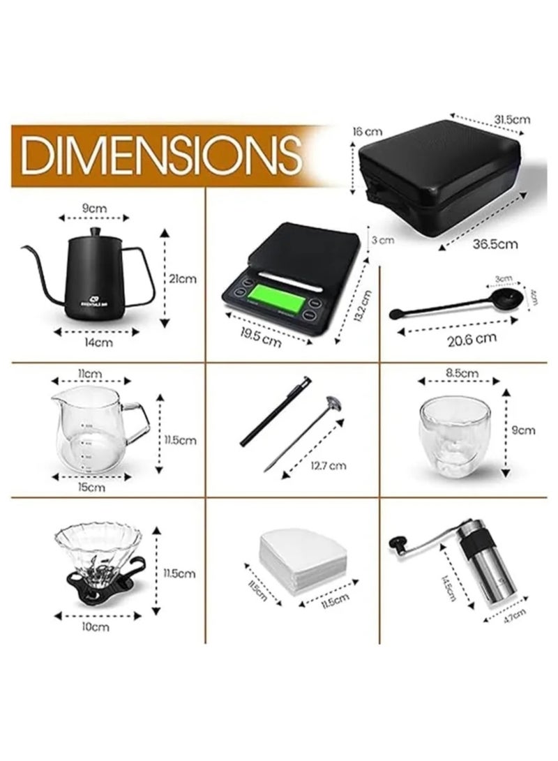 The 15-in-1 professional coffee brewing set includes a manual grinder, glass carafe, stainless steel kettle, scale, thermometer, filters, and a complete set for coffee lovers. - Image 2