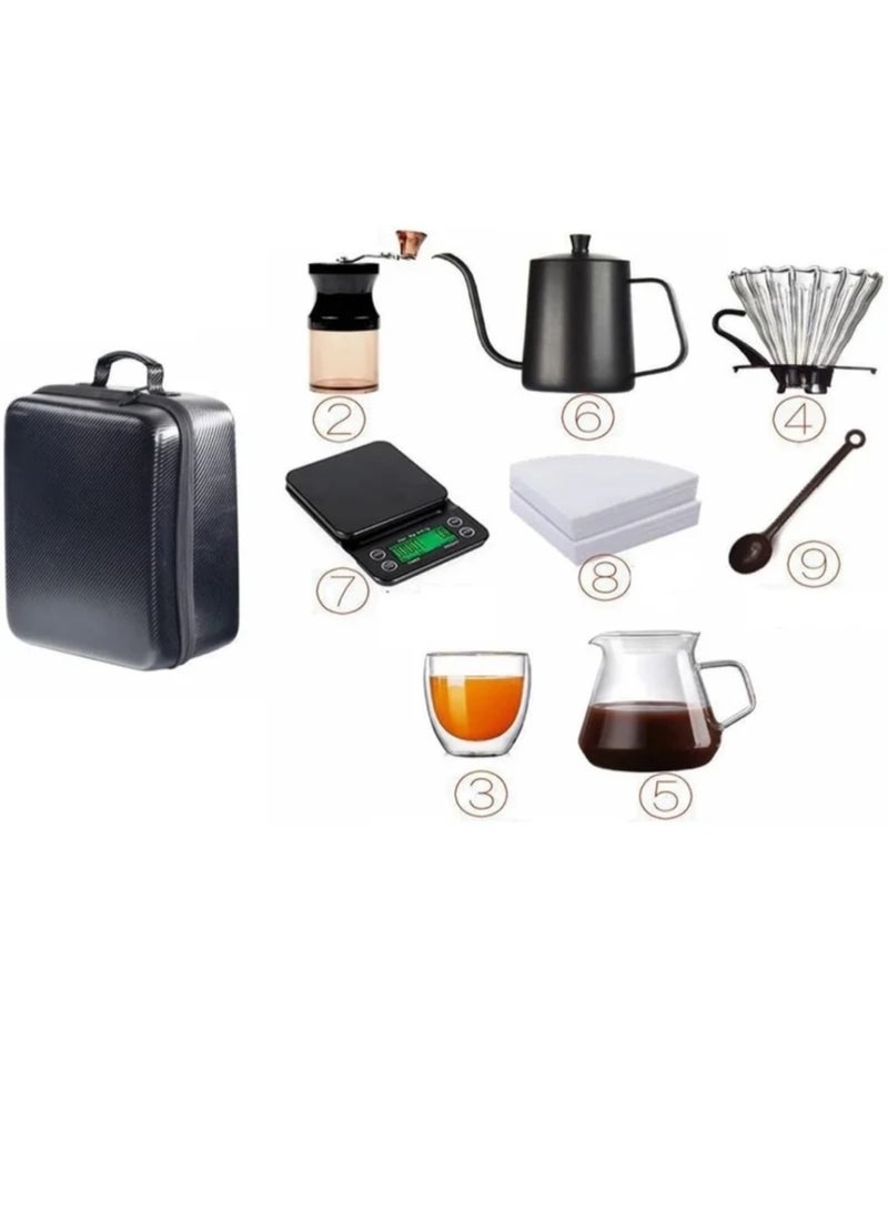 The 15-in-1 professional coffee brewing set includes a manual grinder, glass carafe, stainless steel kettle, scale, thermometer, filters, and a complete set for coffee lovers. - Image 1