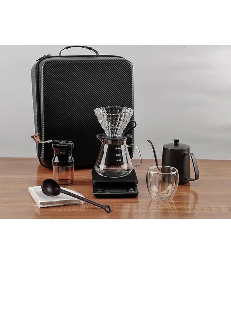 The 15-in-1 professional coffee brewing set includes a manual grinder, glass carafe, stainless steel kettle, scale, thermometer, filters, and a complete set for coffee lovers. - Image 4