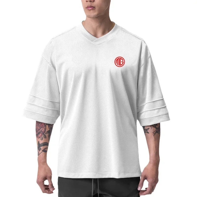 Men''s sports plus size short sleeve GYM Fitness bodybuilding half sleeve half sleeve half sleeve training clothes summer quick-drying mesh T-shirt - Image 4