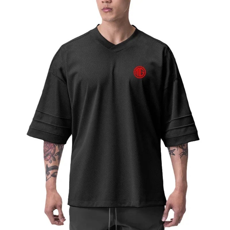 Men''s sports plus size short sleeve GYM Fitness bodybuilding half sleeve half sleeve half sleeve training clothes summer quick-drying mesh T-shirt - Image 3