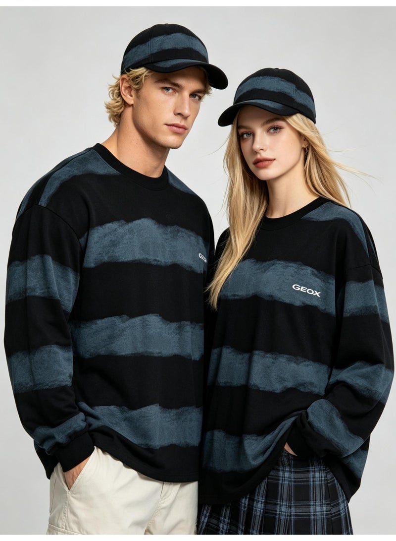 GEOX Unisex Crew Neck Long Sleeve Sweatshirt Casual Striped Daily Wear Top Black‑Dusty Blue - Image 1
