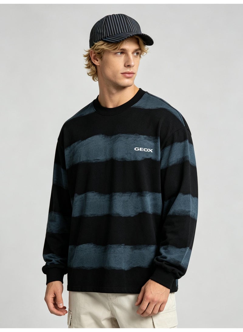 GEOX Unisex Crew Neck Long Sleeve Sweatshirt Casual Striped Daily Wear Top Black‑Dusty Blue - Image 3