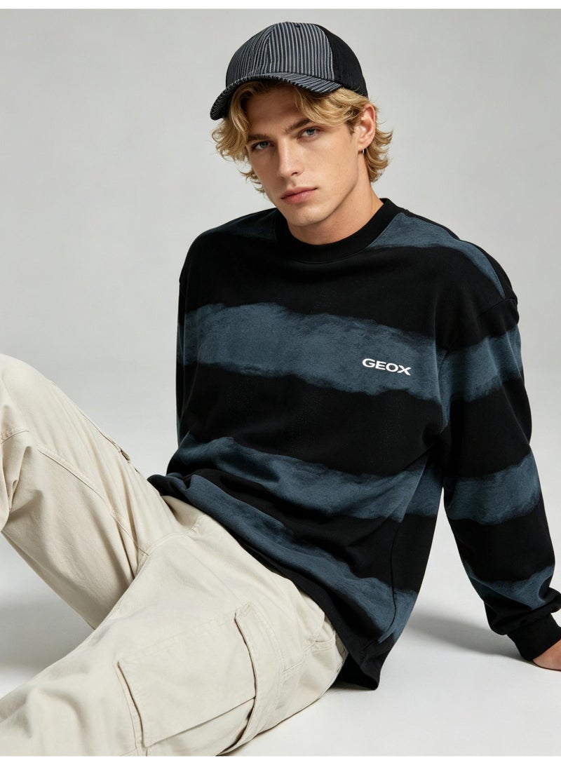 GEOX Unisex Crew Neck Long Sleeve Sweatshirt Casual Striped Daily Wear Top Black‑Dusty Blue - Image 2