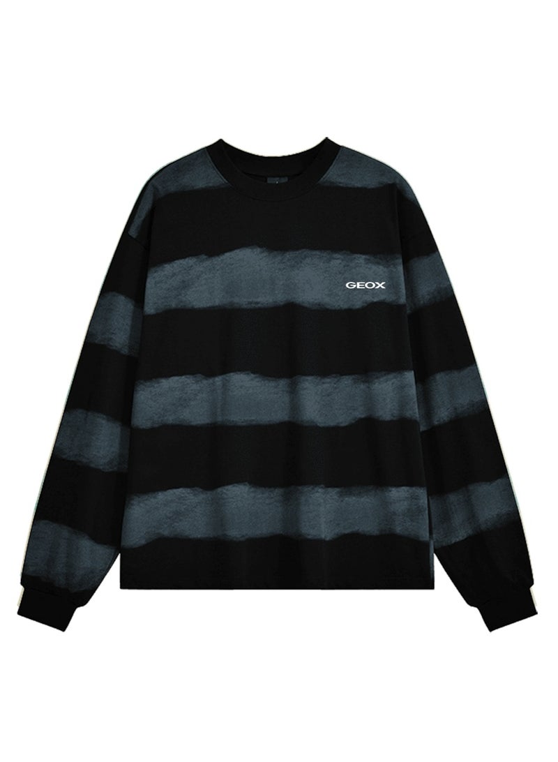 GEOX Unisex Crew Neck Long Sleeve Sweatshirt Casual Striped Daily Wear Top Black‑Dusty Blue - Image 4