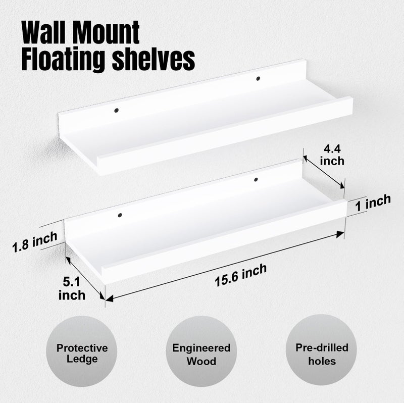 Boswillon Floating Shelves Wall Mounted Set of 2, Modern White Shelves for Bedroom, Nursery Shelves with Lip, Display Picture Ledge Shelf for Wall Decor Living Room Bathroom Kitchen - White - Image 2