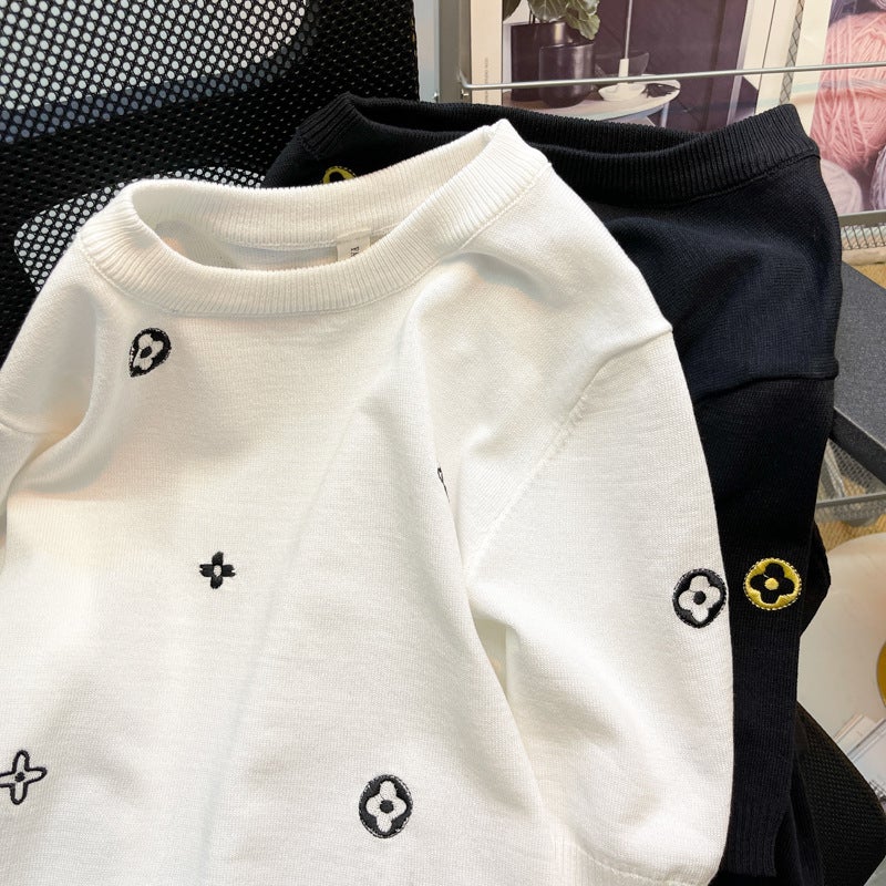 College Style Knitted Knitwear Pattern Flower Dot Men's Bottoming Shirt Round Neck Ice Silk T-Shirt Embroider Soft and Comfortable Short-Sleeved Ins - Image 5