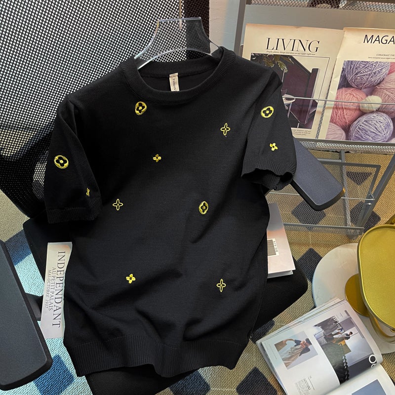 College Style Knitted Knitwear Pattern Flower Dot Men's Bottoming Shirt Round Neck Ice Silk T-Shirt Embroider Soft and Comfortable Short-Sleeved Ins - Image 3