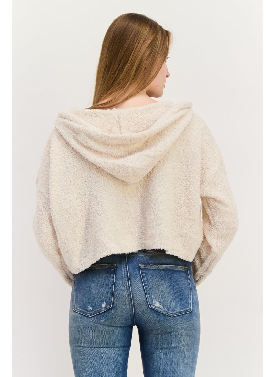 NIA Women Hooded Long Sleeves Sweater, Beige  - Image 3