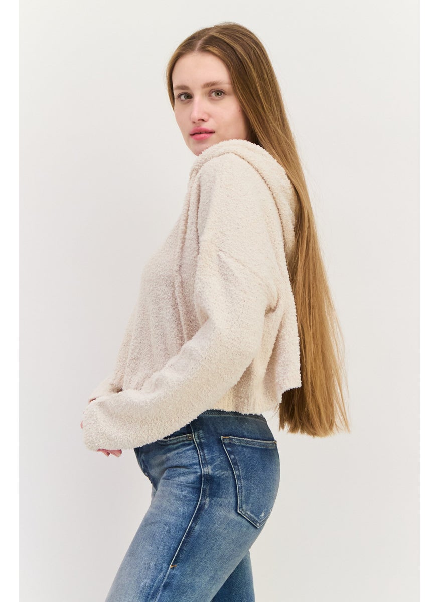NIA Women Hooded Long Sleeves Sweater, Beige  - Image 2