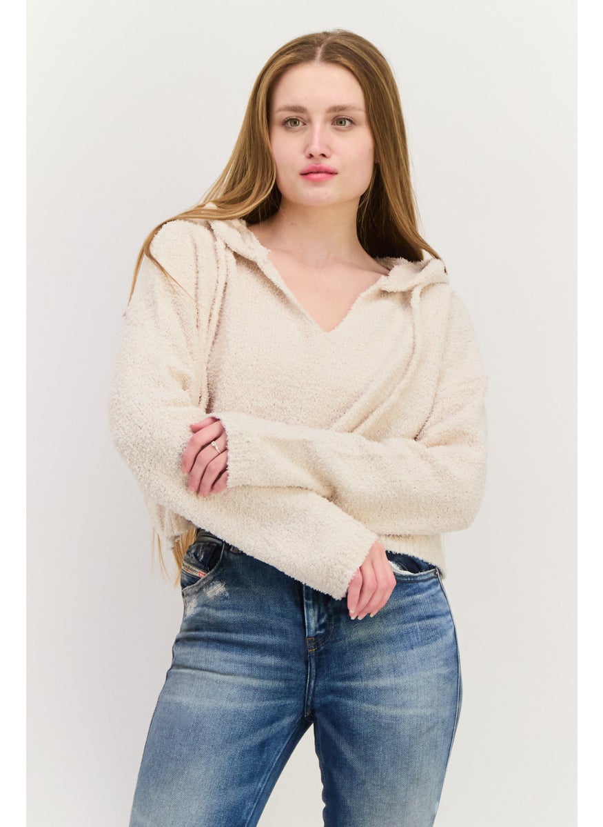 NIA Women Hooded Long Sleeves Sweater, Beige  - Image 1
