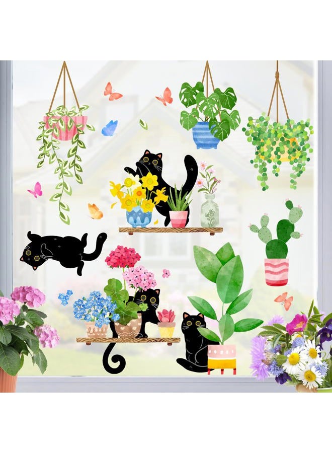 Mfault 115 PCS Spring Summer Potted Plant Black Cat Window Clings 9 Sheets, Bonsai Cactus Geranium Flower Wall Stickers Decal Decorations, Floral Succulent Botanical Living Room Home Kitchen Decor - Image 4