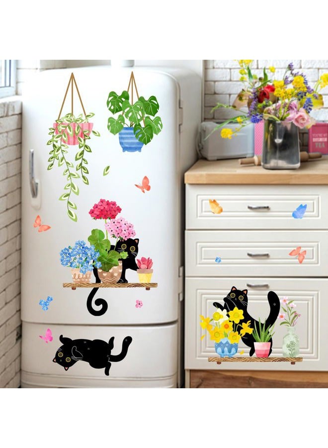 Mfault 115 PCS Spring Summer Potted Plant Black Cat Window Clings 9 Sheets, Bonsai Cactus Geranium Flower Wall Stickers Decal Decorations, Floral Succulent Botanical Living Room Home Kitchen Decor - Image 5
