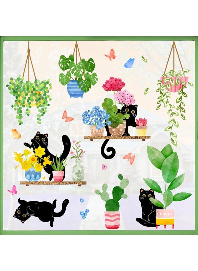Mfault 115 PCS Spring Summer Potted Plant Black Cat Window Clings 9 Sheets, Bonsai Cactus Geranium Flower Wall Stickers Decal Decorations, Floral Succulent Botanical Living Room Home Kitchen Decor - Image 1