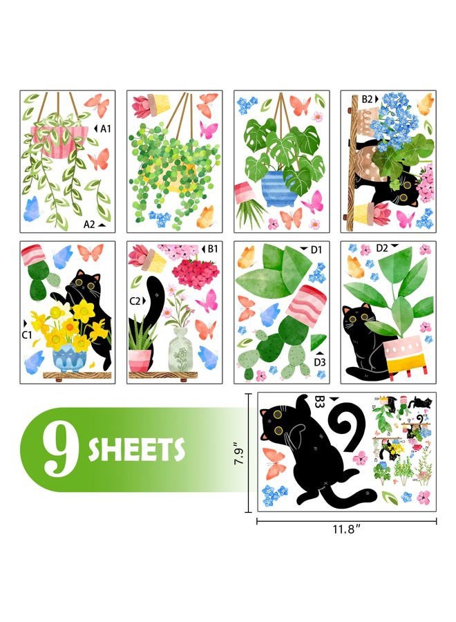 Mfault 115 PCS Spring Summer Potted Plant Black Cat Window Clings 9 Sheets, Bonsai Cactus Geranium Flower Wall Stickers Decal Decorations, Floral Succulent Botanical Living Room Home Kitchen Decor - Image 2