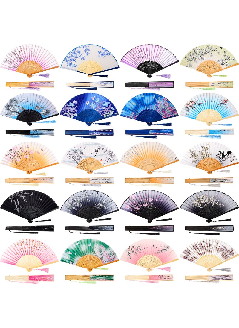 Yulejo Yulejo 20 Pcs Floral Hand Fans for Line Dancing Chinese Vintage Style Folding Fan with Silk Fabric and Elegant Tassel for Women Wedding Party 