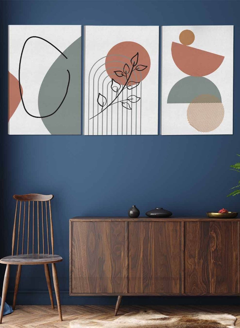 لوحة طقم من ٣ لوحات كانفاس على إطار خشبي تصميم أوراق أشجار ودوائر عضرية للمنزل غرفة المعيشة المكتب الديكور - Image 2