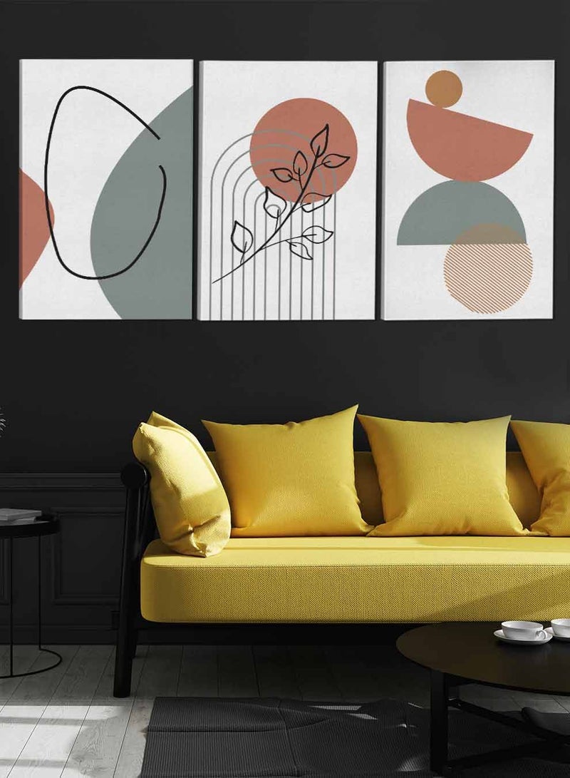 لوحة طقم من ٣ لوحات كانفاس على إطار خشبي تصميم أوراق أشجار ودوائر عضرية للمنزل غرفة المعيشة المكتب الديكور - Image 3