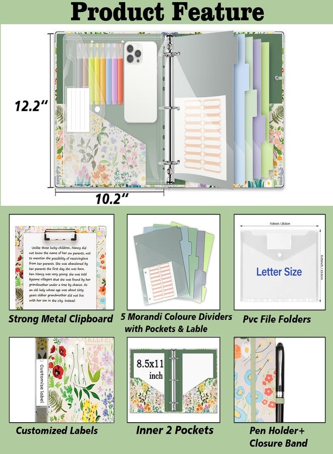 KLLVE 3 Ring 1 Inch Binder Organizer, KLLVE Three Ring Binders with Clipboard, 5-Tabs Pockets Dividers, Plastic Folder, 18 Divider Stikers,Pen Loop (Wildflower, Letter Size) - Image 2