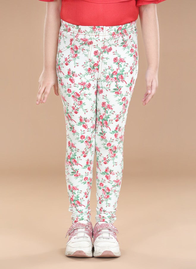 StyleStone Girls Red & White Floral Printed Cotton Jeggings - Image 1