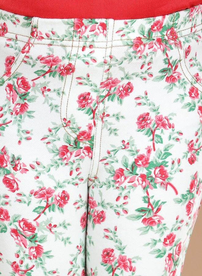 StyleStone Girls Red & White Floral Printed Cotton Jeggings - Image 5