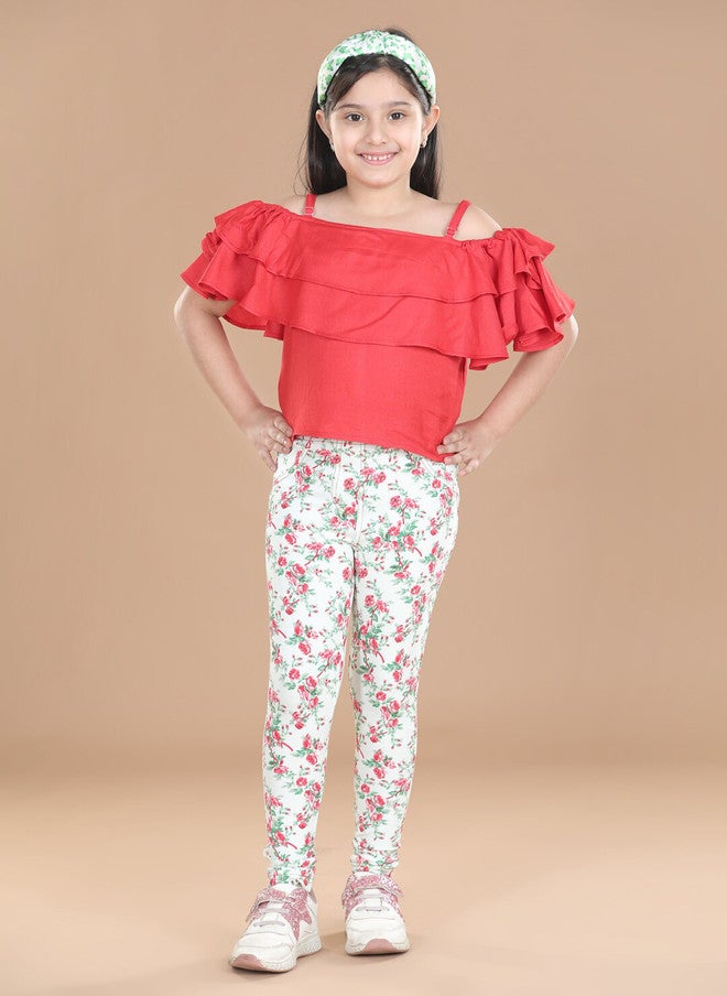 StyleStone Girls Red & White Floral Printed Cotton Jeggings - Image 4