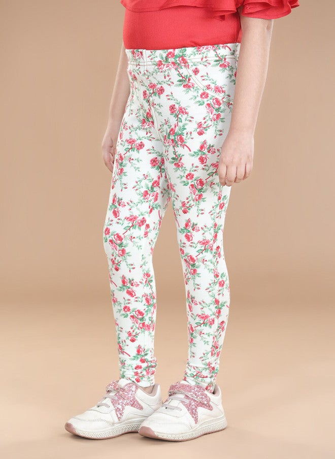 StyleStone Girls Red & White Floral Printed Cotton Jeggings - Image 2
