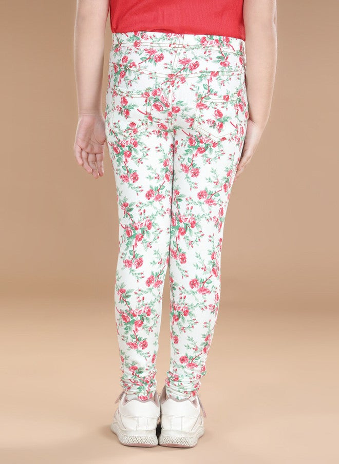 StyleStone Girls Red & White Floral Printed Cotton Jeggings - Image 3