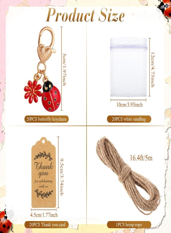 Ecation 20 Set Seven-Spotted Ladybug Keychain Party Favors Set Keyring with Kraft Tags Organza Bag for Guests Souvenir Baby Shower Wedding - Image 2