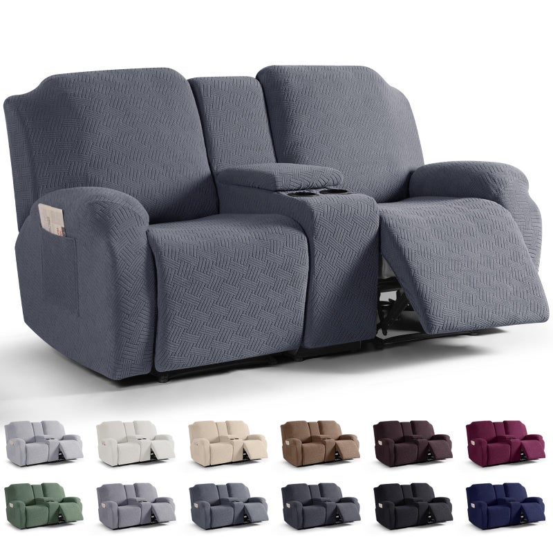 KinCam Loveseat Recliner Covers with Middle Console Slipcover, Recliner Sofa Covers 2 Seat Couch Cover Stripe Jacquard Furniture Protector Covers with Elastic Bottom for Kids, Pets (Dark Gray) - Image 1