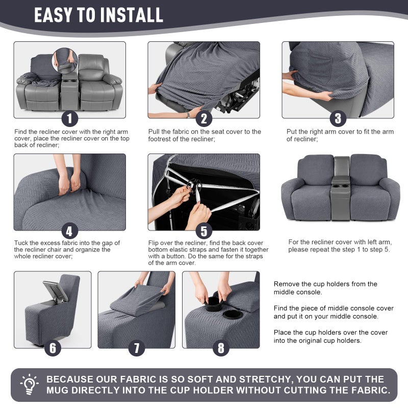 KinCam Loveseat Recliner Covers with Middle Console Slipcover, Recliner Sofa Covers 2 Seat Couch Cover Stripe Jacquard Furniture Protector Covers with Elastic Bottom for Kids, Pets (Dark Gray) - Image 5