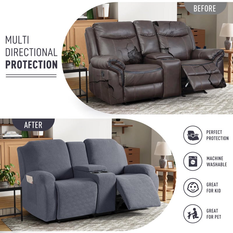 KinCam Loveseat Recliner Covers with Middle Console Slipcover, Recliner Sofa Covers 2 Seat Couch Cover Stripe Jacquard Furniture Protector Covers with Elastic Bottom for Kids, Pets (Dark Gray) - Image 3