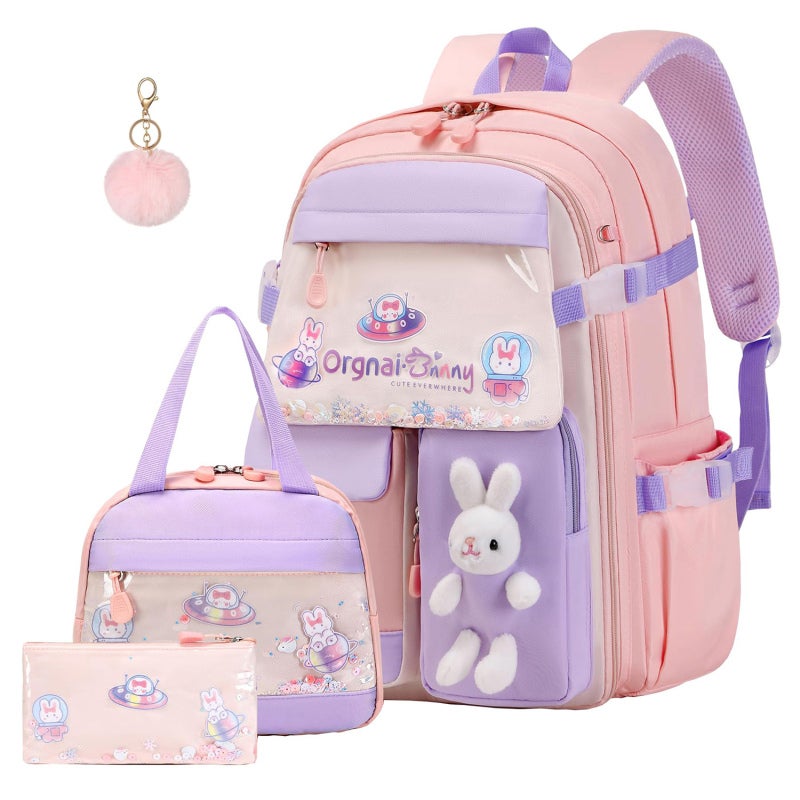 Purple Cute Rabbit Design Backpack Set: 4-Piece Kit With Insulated Lunch Bag, Pencil Case, Felt Pendant - Waterproof Nylon, Multi-Pocket Structure For Preschool Primary Girls Under 10 - Image 1