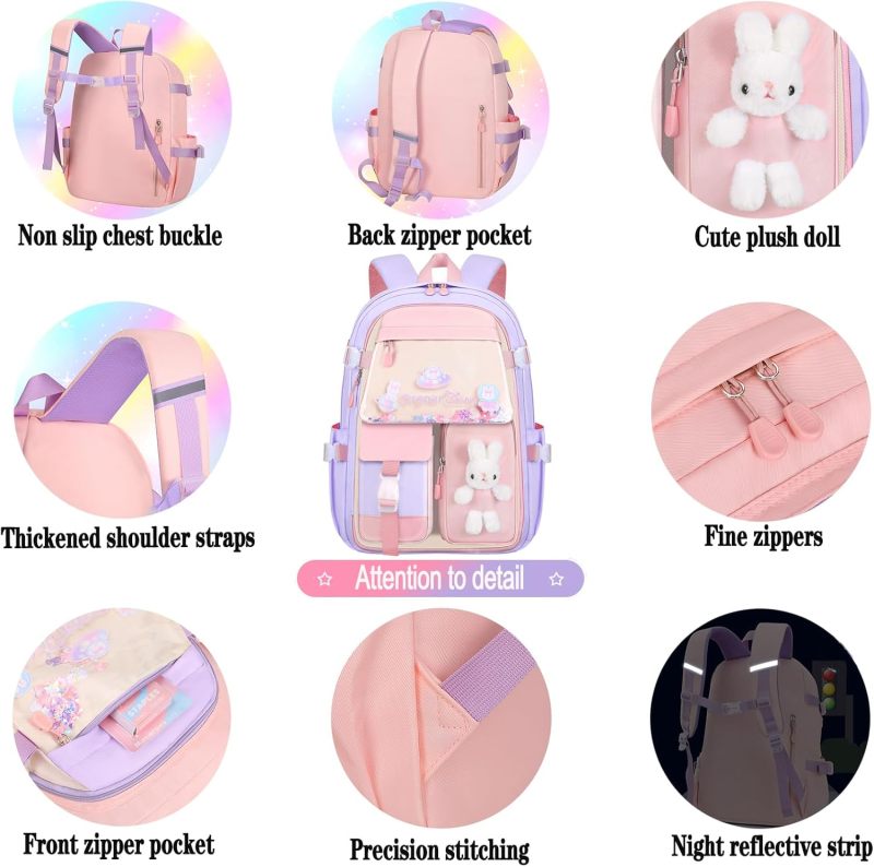 Purple Cute Rabbit Design Backpack Set: 4-Piece Kit With Insulated Lunch Bag, Pencil Case, Felt Pendant - Waterproof Nylon, Multi-Pocket Structure For Preschool Primary Girls Under 10 - Image 5