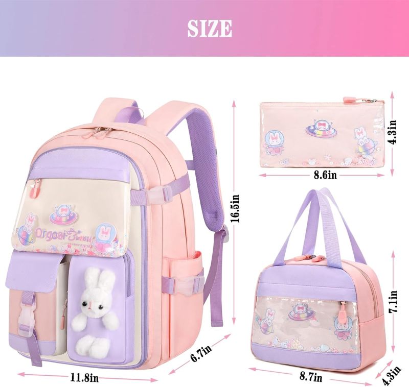 Purple Cute Rabbit Design Backpack Set: 4-Piece Kit With Insulated Lunch Bag, Pencil Case, Felt Pendant - Waterproof Nylon, Multi-Pocket Structure For Preschool Primary Girls Under 10 - Image 2