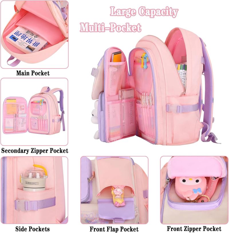 Purple Cute Rabbit Design Backpack Set: 4-Piece Kit With Insulated Lunch Bag, Pencil Case, Felt Pendant - Waterproof Nylon, Multi-Pocket Structure For Preschool Primary Girls Under 10 - Image 4